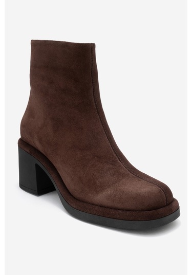 Junae Kahverengi Süet Hakiki Deri Kadın Kalın Topuklu Bot Kahverengi