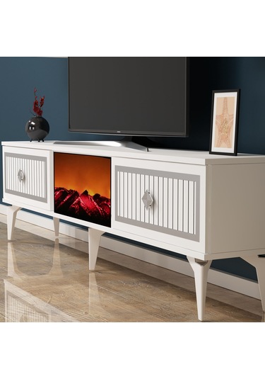 Nil Şömineli Tv Sehpası Beyaz-gümüş