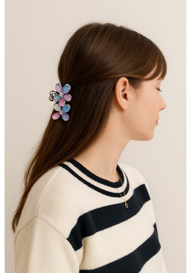 Karışık Renkli Taşlı Çiçek Gümüş Detaylı Metal Mandal Toka 4 Cm Çok Renkli