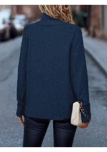 Kadın Uzun Kollu Balıkçı Yaka Triko Bluz Mavi