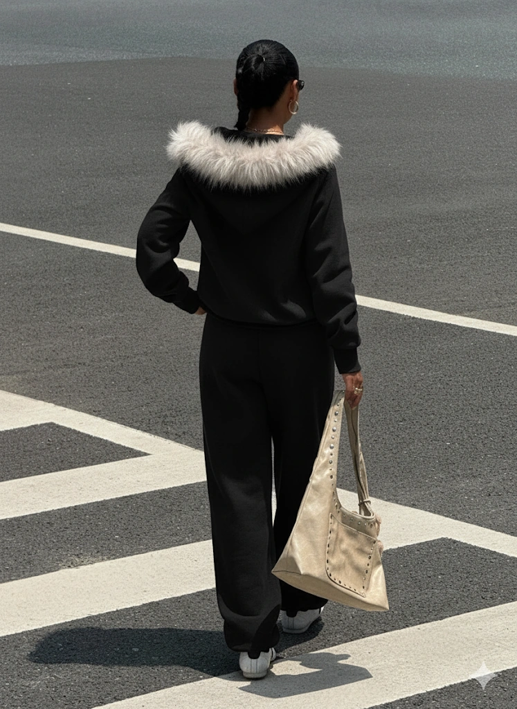 Kadın Siyah Fermuarlı Kapüşonlu Sweatshirt Eşfoman Takımı Kürklü Kapüşon, Cepli, Rahat Kalıp Siyah