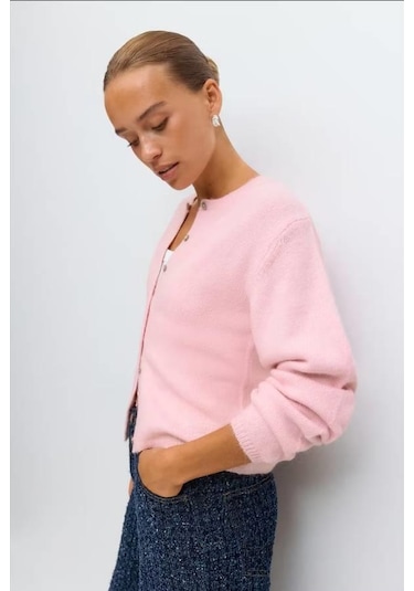 Madmext Pembe Rahat Kalıp Düğmeli Triko Kadın Hırka Mg2552 Pembe