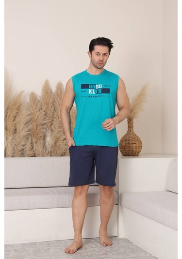 Seboteks %100 Pamuklu Kolsuz Cepli Erkek Şortlu Pijama Takımı 2011 Turkuaz