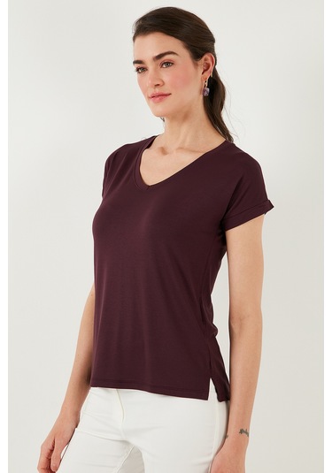 Lela V Yaka Rahat Kesim Yırtmaçlı Bayan Bluz 5862000 Vişne