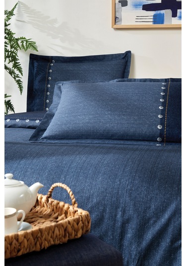 Oregon Çift Kişilik Lastikli Çarşaf Denim Nevresim Takımı Lacivert