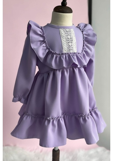 Dantel Detaylı Fırfırlı Lila Kız Çocuk Bebek Elbise 001