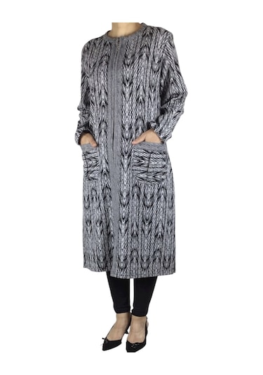 Kadın Önü Fermuarlı Üstten Cepli Kalın Kap Gri