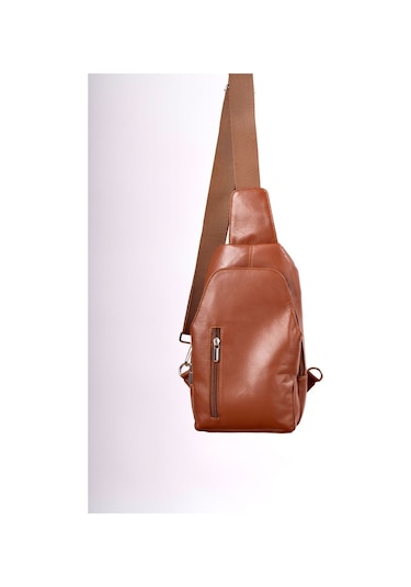 Unisex Taba Hakiki Deri Çapraz Badybag Omuz Ve Göğüs Çantası Usb Çıkışlı Taba