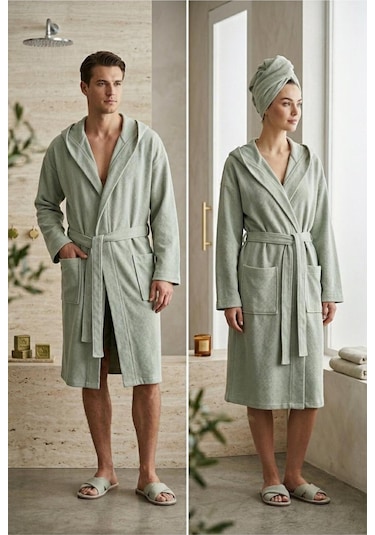 Soft Comfort Lacost Örgü Unisex Kapüşonlu Bornoz Yeşil