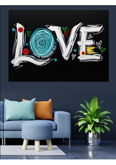 Love Yazısı Kalp Çizim Dekoratif Kanvas - Mdf Ahşap Tablo