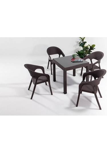 Garden Camlı Masa Takımı 1 Masa + 4 Sandalye Kahve Bahçe Balkon Teras Kahve