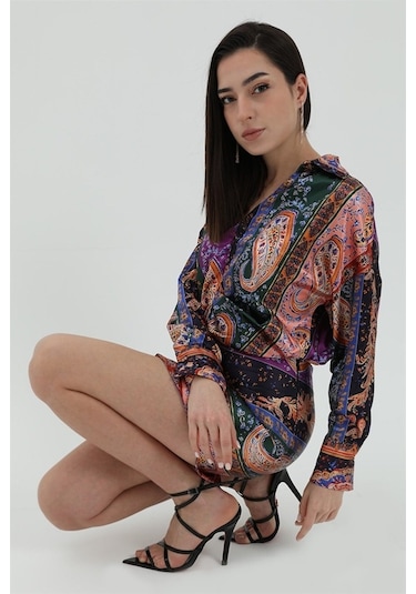 Etnik Desenli Saten Takım - Turuncu