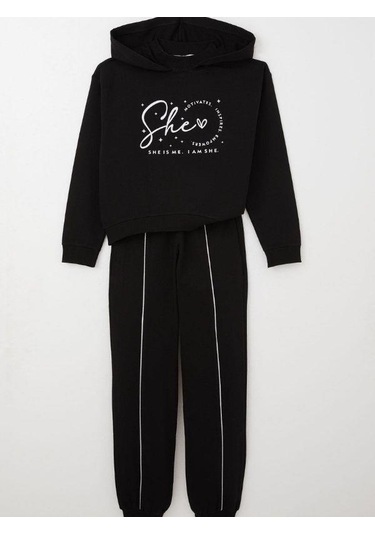 Kız Çocuk Kapüşonlu She Is Me Yazılı Eşofman Takım-15365 Siyah