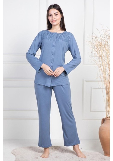 Mecit 6105 Bayan İndigo Büyük Beden Boydan Düğmeli Pijama Takımı İndigo