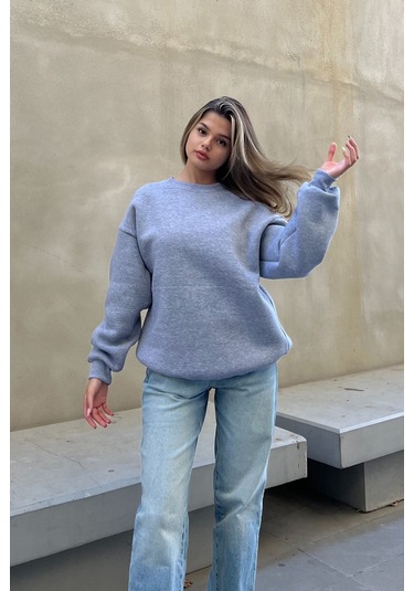 Şeker Pembe Basic Bisiklet Yaka Oversize Sweatshirt Gri