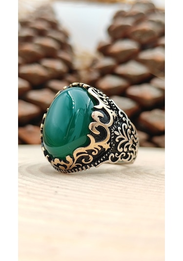 Gümüş Erkek Yüzük Yeşil Akik Taşlı