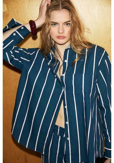 Grimelange Grımelange Mırel Kadın Oversize Fit %100 Organik Pamuklu Lacivert-çizgili Gömlek