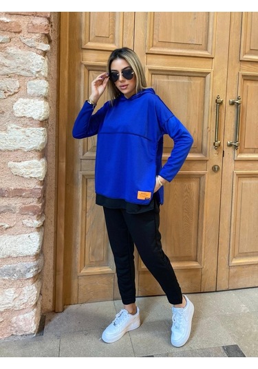 Modaserdem Kadın Kapşonlu Etek Ucu Detay Armalı Ters Dikiş Gorunumlu Ikili Takım Mavi