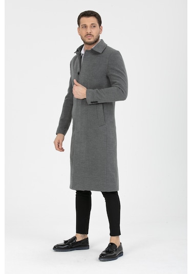 Erkek Gri Dar Kesim Uzun Kaşe Gömlek Yaka Palto & Kaban Gri Erkek Gri Dar Kesim Uzun Kaşe Gömlek Yaka Palto & Kaban Gri