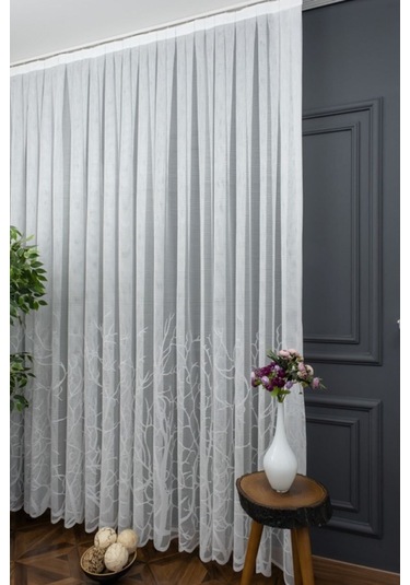 Tül Perde Kruvaze Yanki Model Damask Tül İnci Boncuklu Mekanizmalı Tül Perde BEYAZ