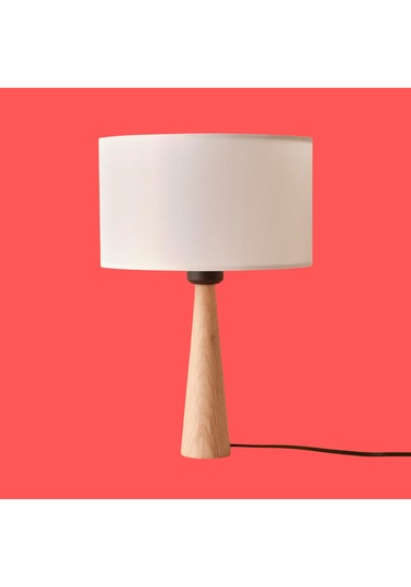 Naturel Masif Ahşap Ayaklı Abajur Silindir Krem Kumaş Başlıklı Masa Lambası Komodin Abajur Krem
