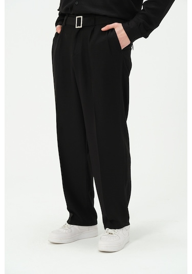 Erkek Yıkamalı Keten Bol Paça Pileli Yeni Sezon Pantolon Siyah