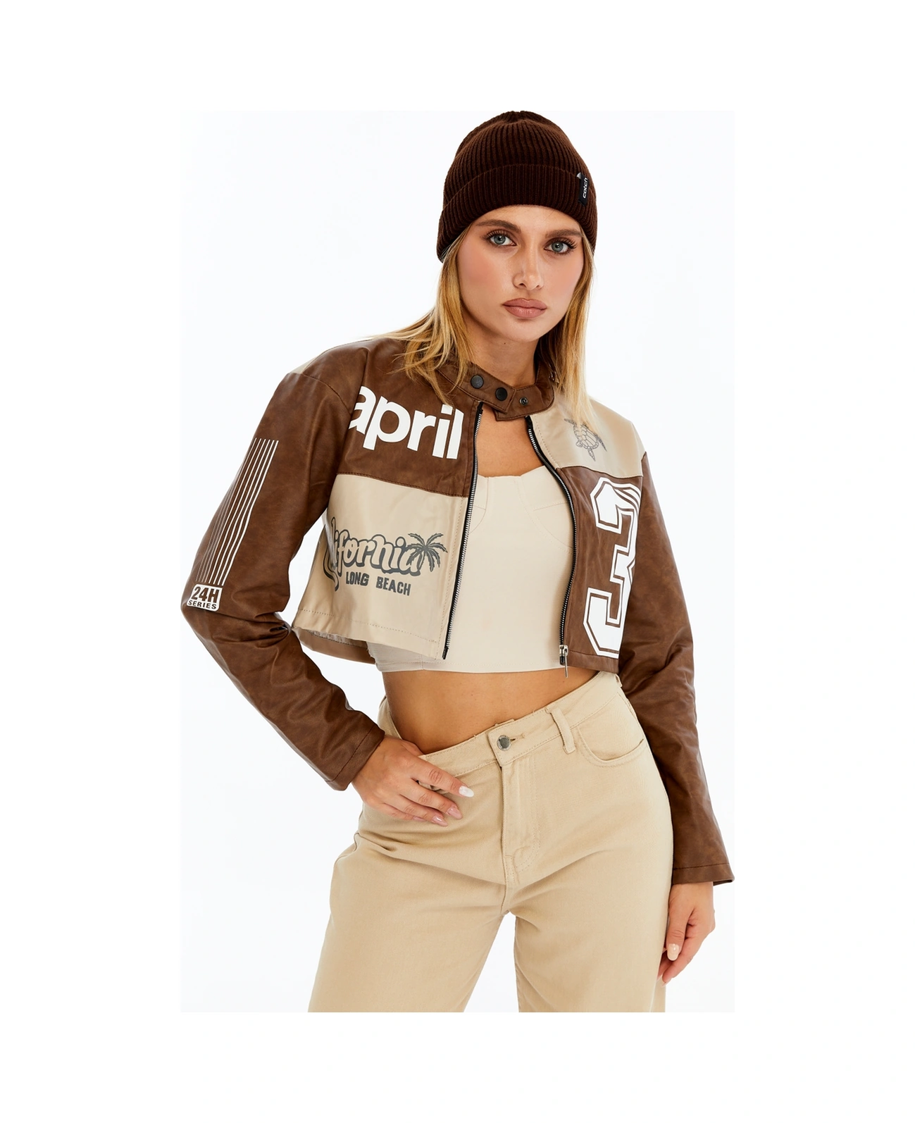 Kadın Crop Deri Ceket Renkli Baskılı Motorcu Stil Mont - Kısa Ceket Çok Renkli Mont - Hakim Yaka Kahverengi