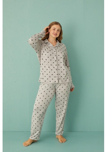 Kadın 50801-116 Büyük Beden Önü Düğmeli Pijama Takımı Gri Gri