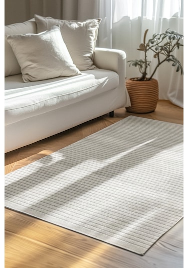 Lidya Beyaz Pamuk Dokuma Yumuşak Halı Kaymaz Tabanlı, Yıkanabilen Modern Tasarımlı Kilim Beyaz