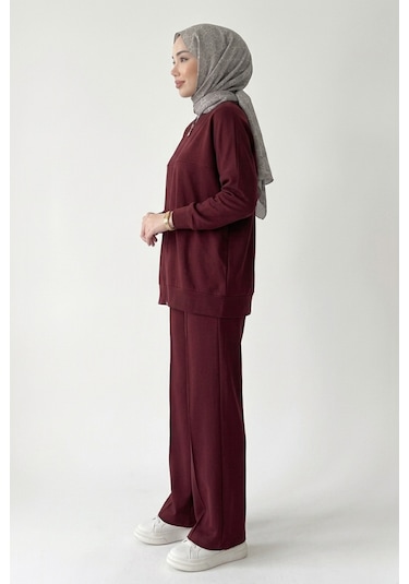Thiff Tesettür Önü Fermuarlı Oversize Modal Takım Bordo