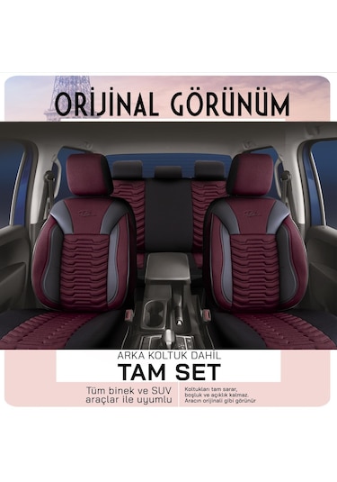 Panda Paris Serisi Pike Kumaş Oto Koltuk Kılıfı Tam Set Bordo - Siyah