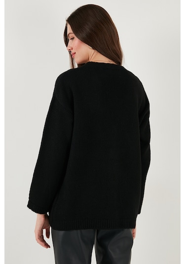 Lela Regular Fit V Yaka Düğmeli Triko Bayan Hırka 4616229 Siyah