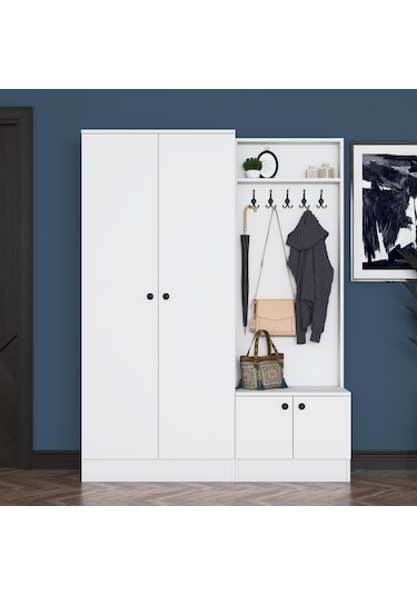 Rani Ea151 Modern Portmanto Raflı Askılı Ayakkabılık Vestiyer Beyaz