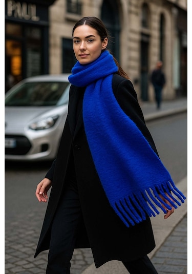 Kadın Püskül Detay Atkı Omuz Şalı 40x200 Cm 1295 Saks Mavi Saks Mavi