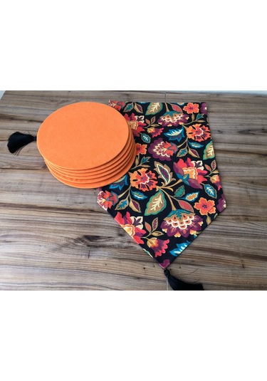 Çiçekli Şal Desenli Runner & Turuncu Supla Çok Renkli