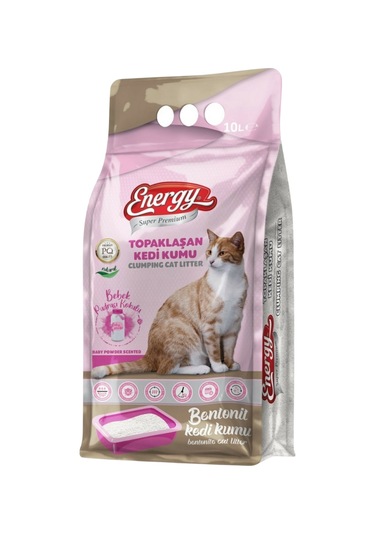 Energy Bebek Pudrası Kokulu İnce Taneli Topaklaşan Bentonit Kedi Kumu 2 x 10 L