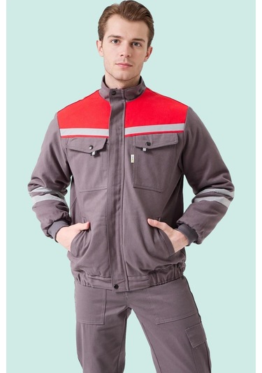 Kışlık İş Montu Grikırmızı Reflektörlü Gabardin Royal Mont İçi Kapitoneli Sıcak Tutan Gri-Kırmızı