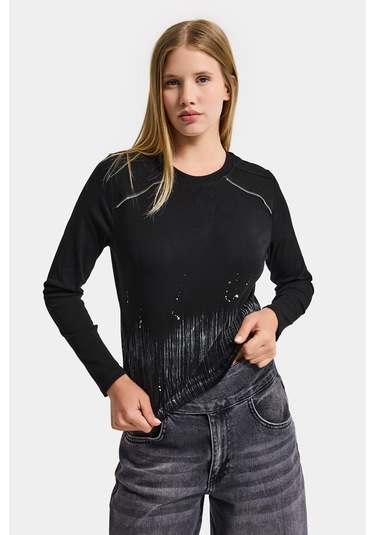 Itsbasic Kadın Siyah W5 Özel Baskılı Kumaş Fermuar Detaylı Tasarım Body