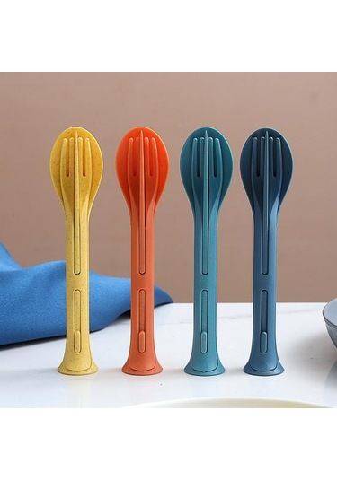 Yeşil 3'ü 1 Arada Seyahat Katlanabilir Çatal Bıçak Takımı Japonya Tarzı Plastik Kesici K Kaşık Öğrenci Yeşil