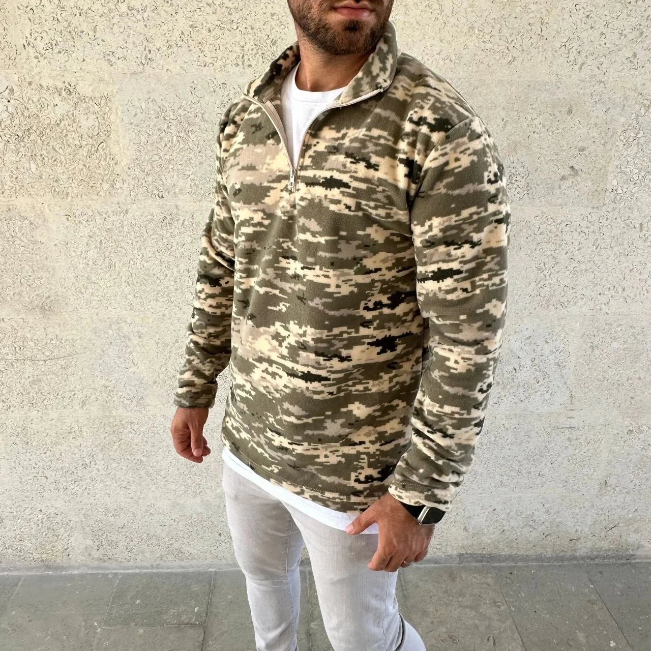 Erkek Yarım Fermuarlı Desenli Polar Sweat Haki Kamuflaj Yakalı, Uzun Kollu, Oversize Rahat Kalıp - Haki