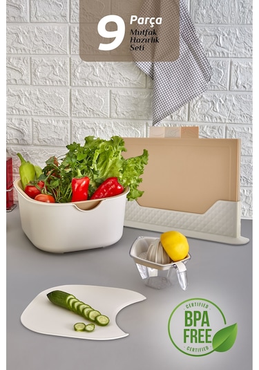 9'lu Mutfak Hazırlık Seti - Yatay Standlı Kulplu Kesme Tahtası Karıştırma Kabı Süzgeç Limon Sıkacağı Bej