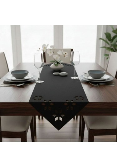 1 Adet Deri Runner-40x140 Cm-çiçek Desenli Runner Siyah