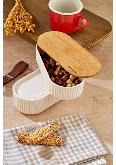 Bambu Kapaklı Lunch Box Kahvaltılık Saklama Kabı Large Bölmeli Çok Renkli