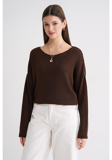 6933 Kadın Kayık Yaka İnce Mevsimlik Triko Kazak Kahve Kahve