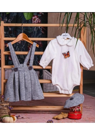 Kelebek Aksesuarlı Badili Etekli Bebe Kız Takım Gri