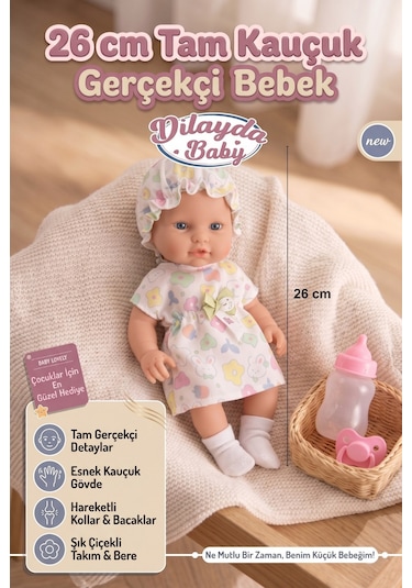 26 Cm Tam Kauçuk Gerçekçi Et Bebek - Kıyafetli, Biberonlu & Emzikli Set Y 20233976