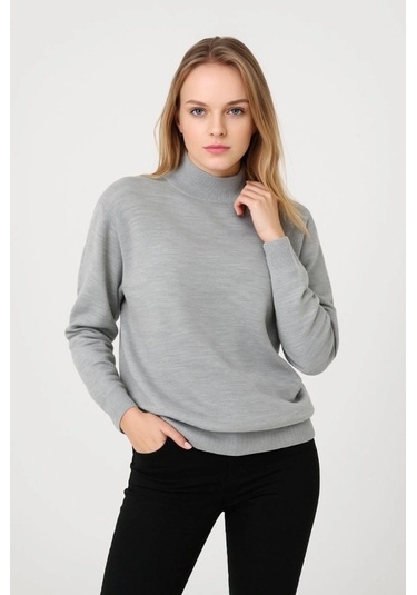 Yarım Boğaz Triko Kazak Yumuşak Dokulu Pamuklu Ince Dokuma, Uzun Kollu Rahat Regular Kalıp - Gri Gri