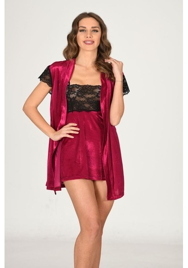Sistina Bayan Dantelli Fuşya Kadife Sabahlık Gecelik Takımı 1427 Fuşya