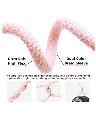 İphone 15-16-17 Pro Max Plus Uyumlu Type-c Hasır Yeni Nesil Hızlı Şarj Kablosu Pembe 100 Cm