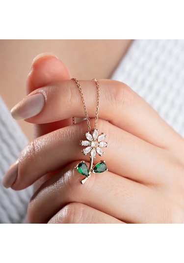 Vaoov 925 Ayar Gümüş Taşlı Çiçek Kolye